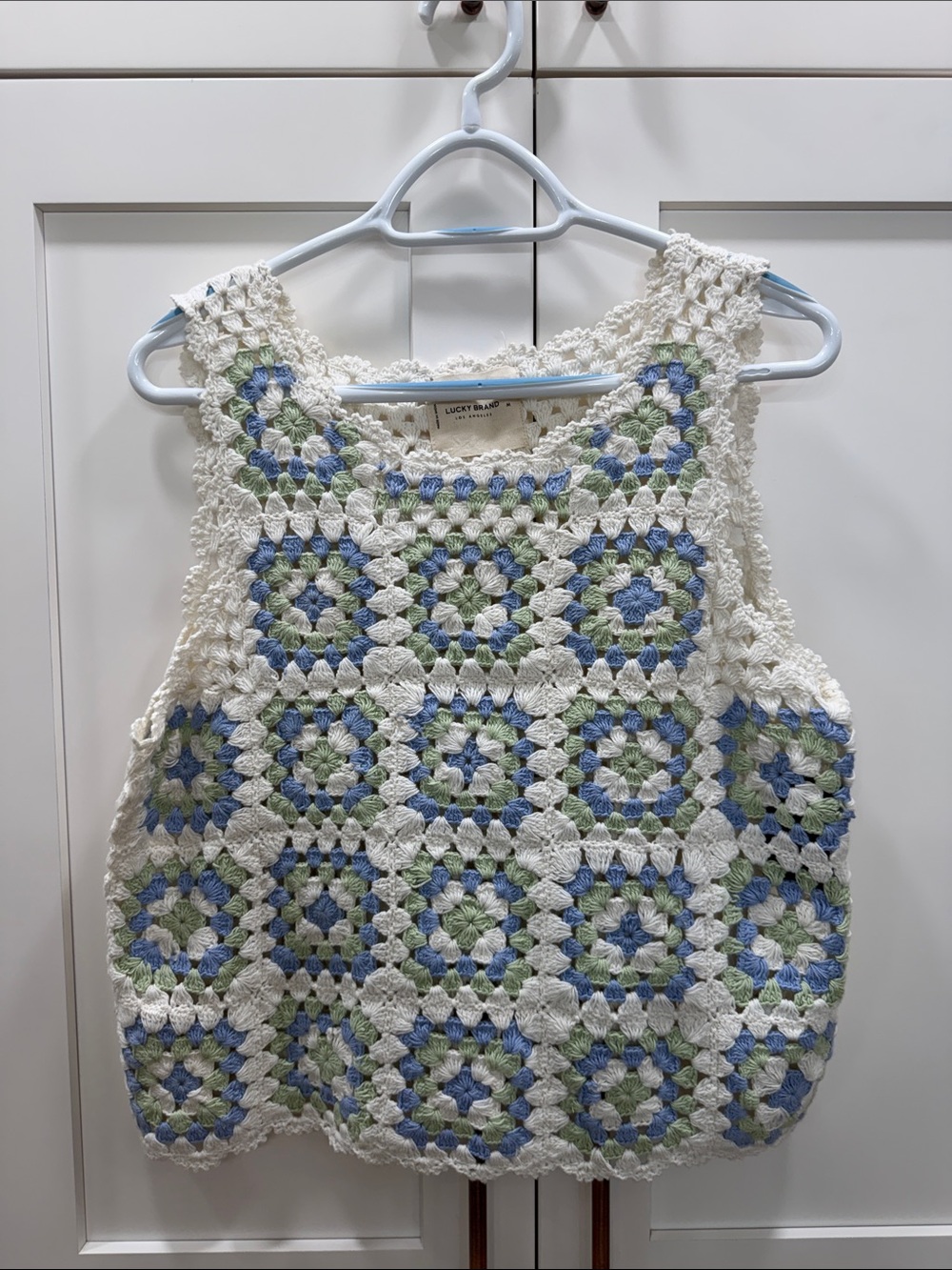 Lucky Brand Cream Crochet Tank with Blue & Green Motif